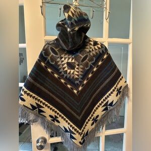 Llama Llamita Bohemian Southwestern Western Wool Print Hooded Poncho kids sz 8